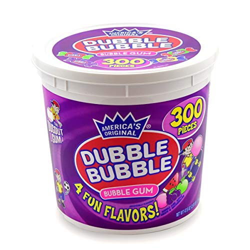 Dubble Bubble Tootsie Roll Dubble Bubble Gum - 300 Count Resealable Tub of Individually Wrapped Fruit and Bubble Gum - Original, Watermelon, Apple and Grape Flavors - Peanut and Gluten Free, 47.6 Ounce